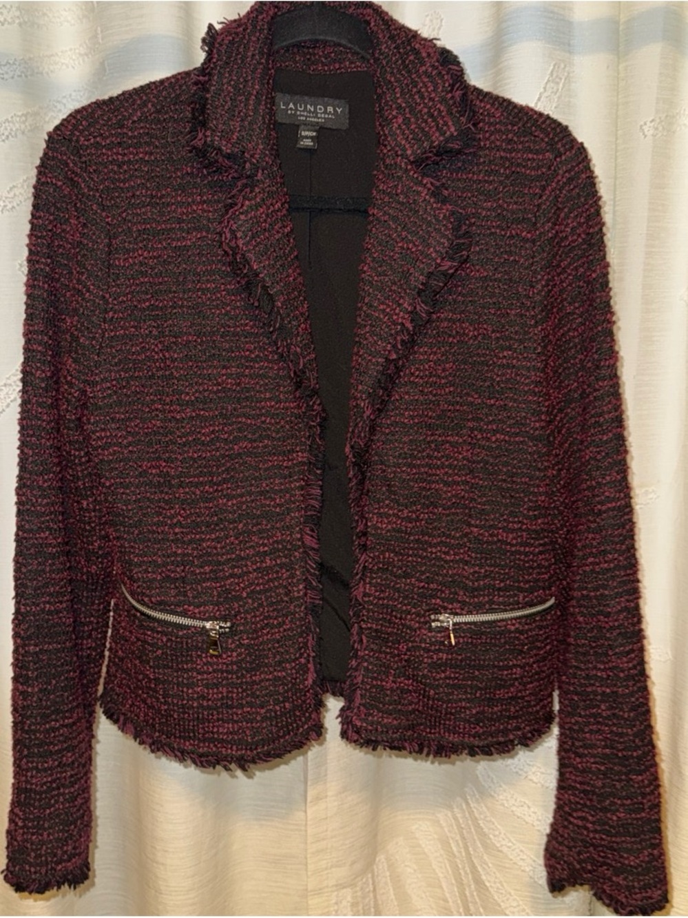 Laundry By Shelli Segal Burgundy & Black Tweed Fringe Zip Blazer